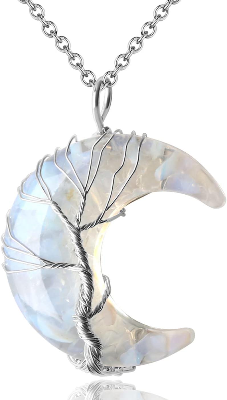 MAIBAOTA Healing Crystal Necklace, Tree Life Wire Wrapped Crescent Moon Necklace, Natural Stone Pendant Necklaces, Mothers Day Gifts for Mom, Gemstone Jewelry Gifts for Women