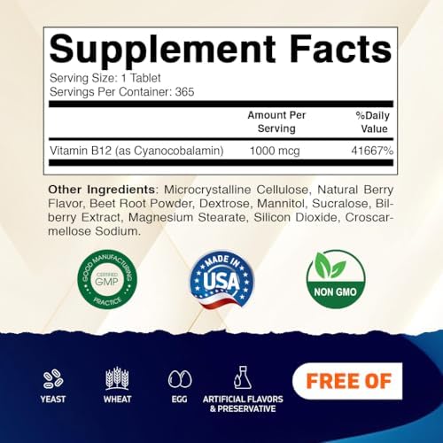 Vitamatic Vitamin B12 1000 mcg Fast Dissolve – 365 Tablets – Natural Berry Flavor – Supports Energy Metabolism & Nervous System Health