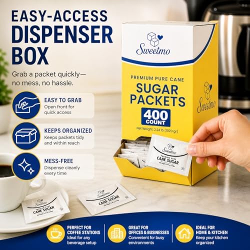 Sweetmo Sugar packets - 400 Count Dispenser Box, Pure Cane White Granulated Sugar Packets, Individual Wrapped, Bulk Packets for Coffee, Restaurants, Office, Cafés & Food Service