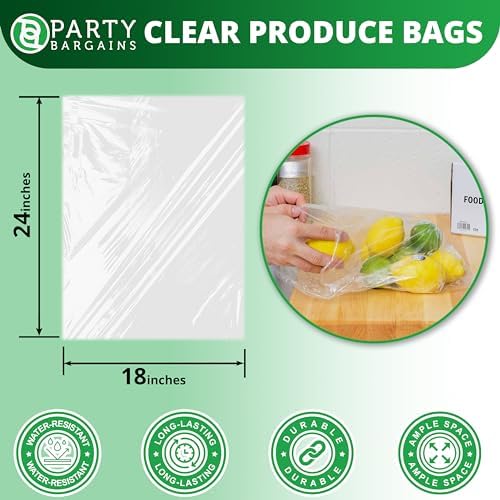 PARTY BARGAINS 18 x 24 Inch Clear Plastic Produce Bags on a Roll, 600 Count – Food-Grade Polyethylene Grocery Bags for Fruits, Vegetables, Bread & Kitchen Storage
