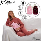 2 x Hot Water Bottles - Luxury Cosy Faux Fur Fleece Cover with Pom Poms - Natural Rubber 2 Litre Capacity - (Pink and Plum)