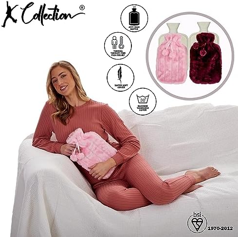 2 x Hot Water Bottles - Luxury Cosy Faux Fur Fleece Cover with Pom Poms - Natural Rubber 2 Litre Capacity - (Pink and Plum)