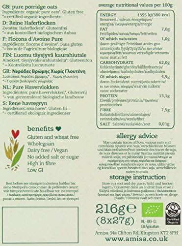 Amisa Express Pure Porridge Oats Sachets Gluten Free Organic 27 g (Pack of 4, Total 32 Sachets)