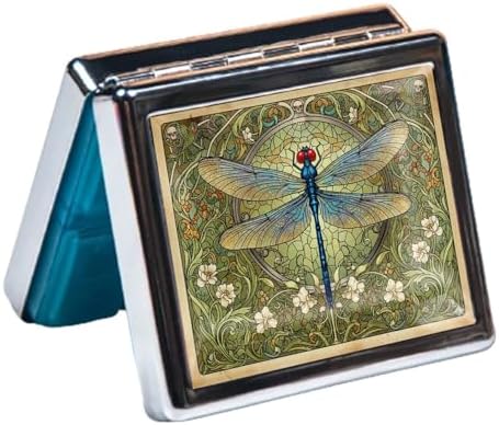 Pill Organizer Box with Mirror,8 Compartment Chrome Pill Case, Pocket-Size Travel Pill Container for Vitamins, Seniors, Daily Use,Rectangle 7 Days Pill Box Pill Case (Green Dragonfly)