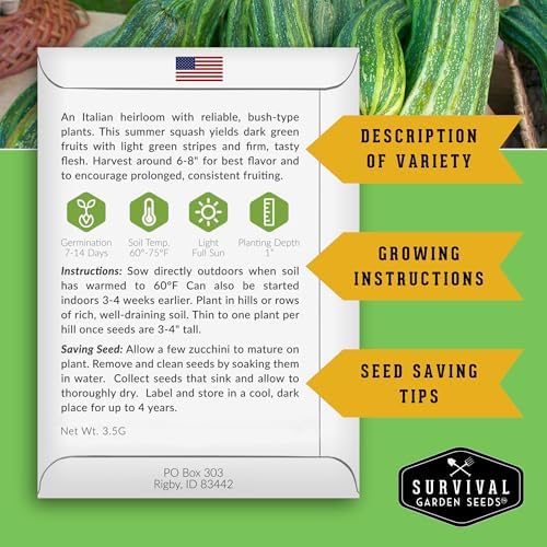 Cocozelle Zucchini Seeds for Planting – Classic Italian Heirloom Summer Squash, High-Yield Bush Plants with Striped Green Zucchinis – Non-GMO & Open-Pollinated – Survival Garden Seeds (1 Pack)