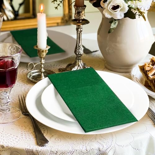 KAMMAK Green Napkin Disposable Cloth Like Dinner Paper Napkins with Pocket 100 Pack Folded Guest Hand Towel for Party Decoration, Wedding Reception, Bathroom, Kitchen, Hotel (16.5 x 16.5 inch)