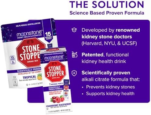 Moonstone Stone Stopper Drink Mix, Cranberry Raspberry, Kidney Stone Prevention, Calcium Oxalate Protector, Developed by Urologists to Improve Hydration and Support Kidney Health, 30 Day Supply