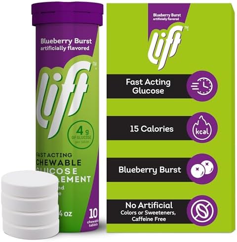Lift Glucose Fast-Acting Glucose Chewable Energy Tablets, Blueberry, 10 ct Tube (Pack of 12)