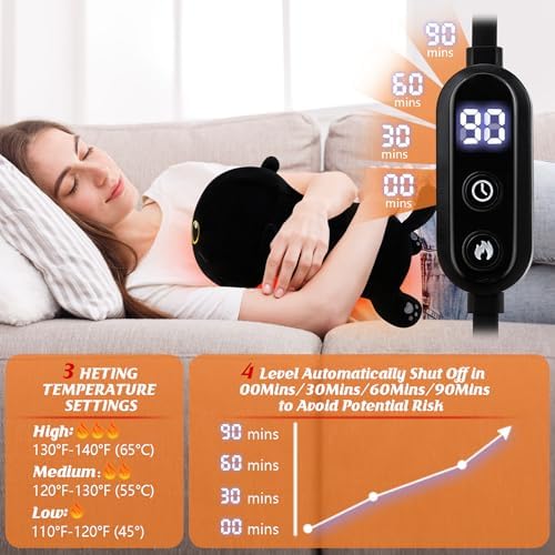 Electric Heating Pad for Period Cramps, Cuddly Soft 14" Black Cat Plush with a Hot Soft Belly USB Powered, Menstrual Heating Pad Neck Shoulder Pain Relief, Christmas Birthday Gift for Daughter Wife