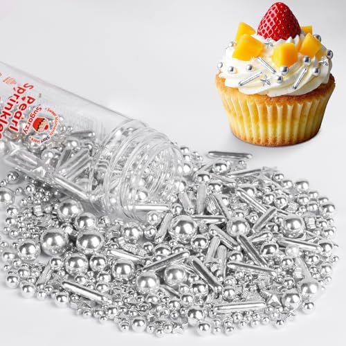 Silver Pearl Sprinkles for Cake Decorating,130g,Edible Stars Rods Sprinkle,Mix Size,Baking Cake Decorations,Cupcake Toppers,Cookie Donuts Ice Cream,Birthday Wedding Mother's Day Party Easter Supplies