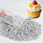 Silver Pearl Sprinkles for Cake Decorating,130g,Edible Stars Rods Sprinkle,Mix Size,Baking Cake Decorations,Cupcake Toppers,Cookie Donuts Ice Cream,Birthday Wedding Mother's Day Party Easter Supplies
