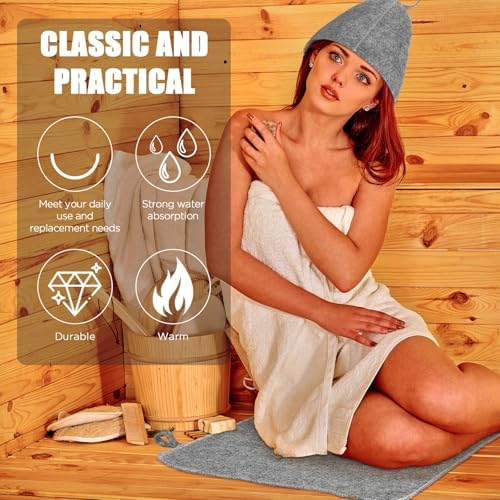 Jiuguva 12 Pcs Sauna Hat Natural Felt Sauna Cap for Men and Women Saunas Accessories Include Felt Hat & Banya Heat Floor Mat Head Insulation Vaporarium for Spa Bench Bath Shower Gift, Gray (19.5'')