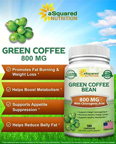 aSquared Nutrition Natural Green Coffee Bean Formula-180 Capsules-Max Strength GCA Antioxidant Cleanse for Pure Weight Loss, 800mg per Pill-Chlorogenic Acid-1600mg Daily Supplement, Healthy Fat Burner