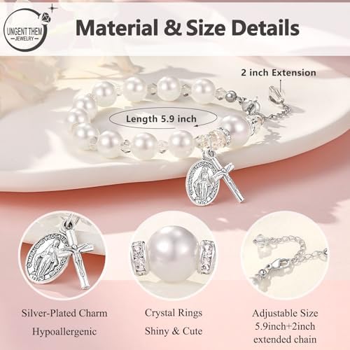 UNGENT THEM Rosary Cross Pearl Bracelet Baptism Communion Catholic Confirmation Easter Gifts for Girls Granddaughter Daughter Niece