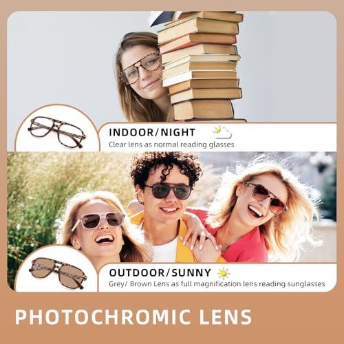 Aviator Photochromic Reading Glasses for Women Men Full Lens Transition Readers Sunglasses Color Auto Change