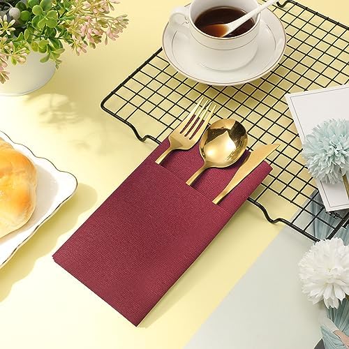 Cindeer 75 Pcs Burgundy Linen Dinner Feel Napkins with Built in Flatware Pocket Prefolded Paper Disposable Airlaid Guest Hand Towel for Silverware Wedding Reception Christmas Baby Shower