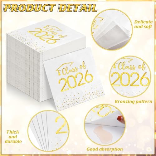200Pcs Class of 2025 Graduation Napkins, Disposable Congrats Grad Paper Napkins Square Foil Dot Hand Towels for 2025 High School University College Graduation Party Decorations (Gold)