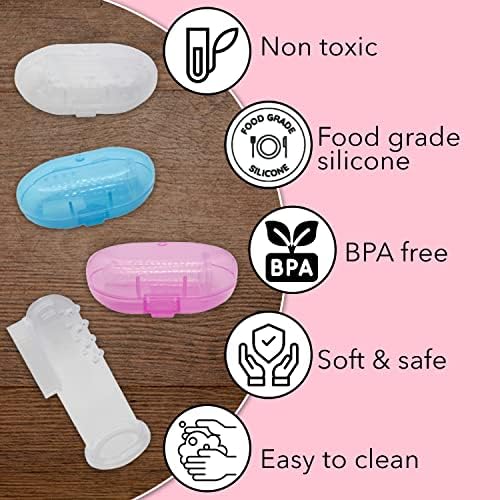 Baby Finger Toothbrush Set - Silicone Toddler Toothbrush with 3 Cases in Blue, Pink & Clear - Newborn Oral Massager