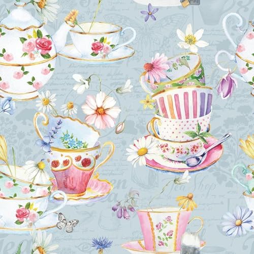 Tea Cups Beverage Napkins, 3-Ply, 5x5 Inch, 40 Count, Whimsical Floral Teacup Design for Mother's Day, Tea Parties, Bridal Showers