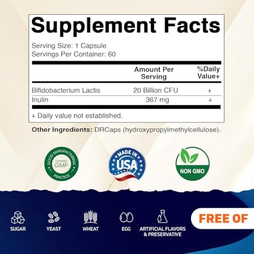 Vitamatic Bifidobacterium lactis - 20 Billion per DR Capsule - 60 Count - Digestive Support - Made with Prebiotic Inulin Fiber