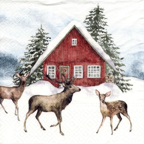 AM Décor 20 Count 3-Ply Luncheon Paper Napkins for Christmas Dinner Party Decorative Decoupage - 13" x 13" (Unfolded) Red House in the Snow