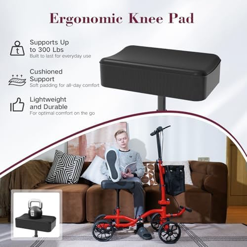 Lightweight Knee Scooter Crutch Alternative, Foldable & Adjustable Knee Scooter for Adults for Foot Surgery, Steerable Knee Walker with Detachable Storage Basket, Includes DIY Stickers-Hot Red