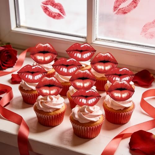 48Pcs Edible Edible Valentine’s Day Cupcake Toppers Red Lip Cupcake Picks Happy Valentine's Day Cake Decor for Valentine's Day Theme Party Decoration Supplies
