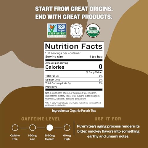 FGO Organic Pu'erh Tea, 100 Count, Eco-Conscious Black Tea Bags, Resealable Bag, Packaging May Vary (Pack of 1)