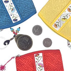 Seoulful Vintage Korean Embroidered Card Pouch - Wildflower Design Coin Purse with Butterfly Charm - Traditional Korean New Year's Gifts (Yellow)