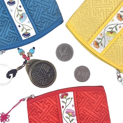 Seoulful Vintage Korean Embroidered Card Pouch - Wildflower Design Coin Purse with Butterfly Charm - Traditional Korean New Year's Gifts (Yellow)