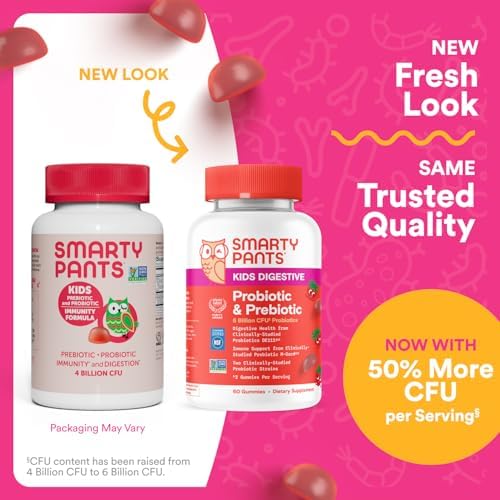 SmartyPants Kids Probiotic & Prebiotic Gummies for Digestive Health: Gut Health Supplement, Clinically Studied Prebiotic for Immune Support, Strawberry, 60 Count (30 Day Supply)