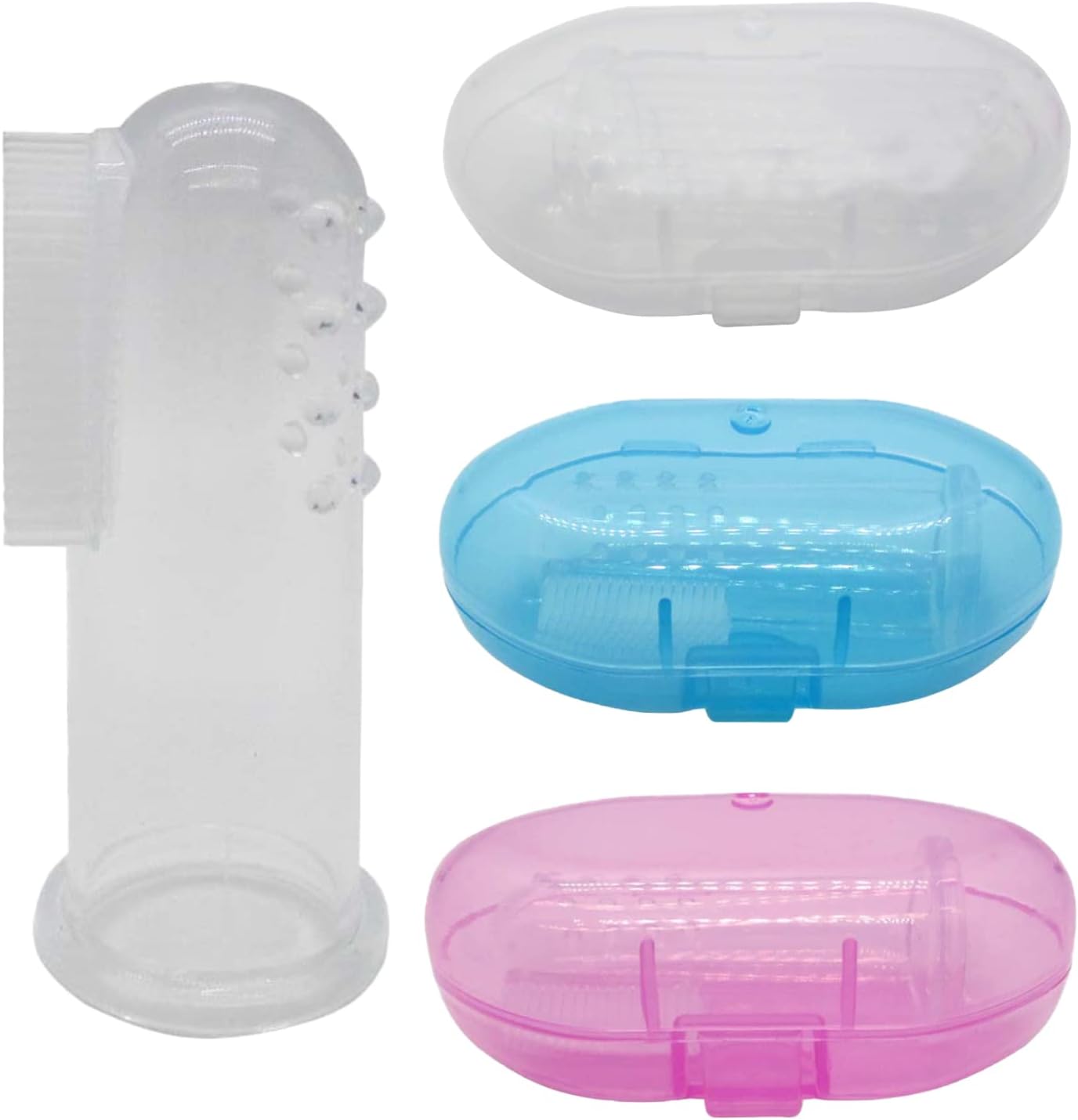 Baby Finger Toothbrush Set - Silicone Toddler Toothbrush with 3 Cases in Blue, Pink & Clear - Newborn Oral Massager