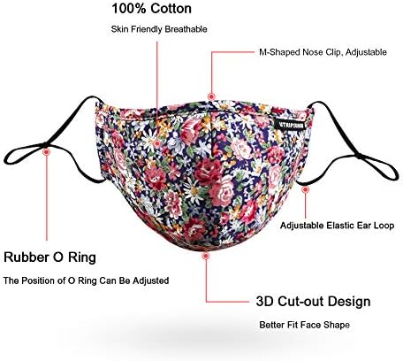 Face Masks for Women - Cotton Face Mask Washable Reusable Cloth Mask with 4 Filters Adjustable Ear Loops & Nose Wire