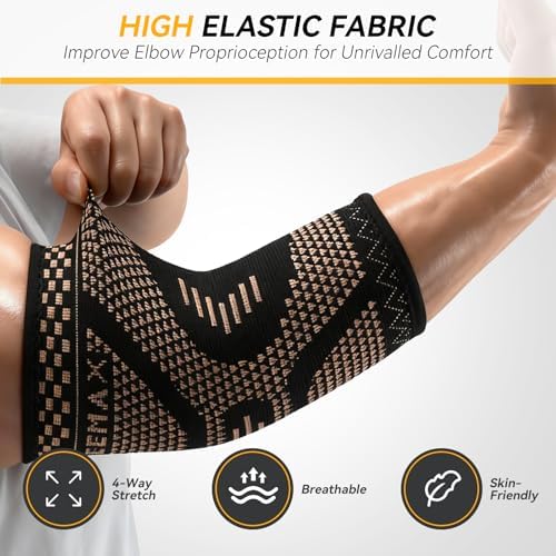 INDEEMAX Copper Elbow Compression Sleeve, 2 Pack Elbow Brace for Tendonitis and Tennis Elbow for Women & Men, Elbow Sleeve for Golfers, Joint Pain Relief, Arthritis, Bursitis, Workout, Weightlifting (Copper Black, Medium)