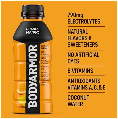 BODYARMOR Sports Drink, Orange Mango, Electrolyte Drink Hydration, 16 Fl Oz Bottles (6 Pack), Flavored Coconut Water with B Vitamins & Antioxidants