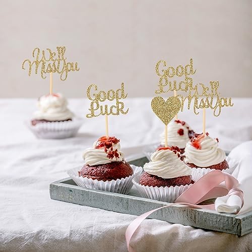 24 Pieces Light Gold Glitter We Will Miss You Cupcake Toppers Good Luck Heart Cake Picks for Going Away Party Table Decorations