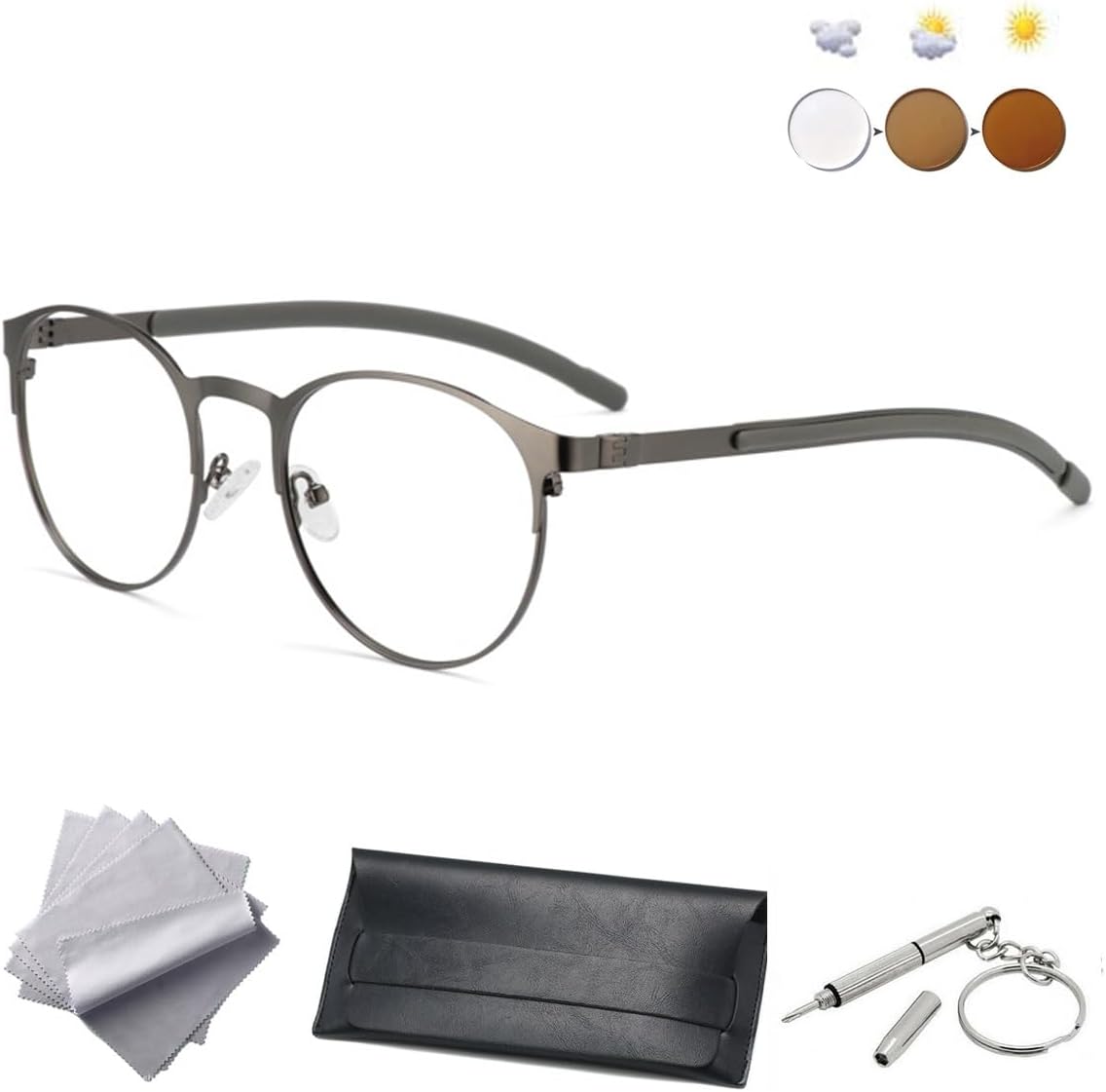 0.25 Photochromic Reading Glasses Outdoor Sunglasses Readers Round Metal Lightweight UV Filter Aspherical Lens 1.25+