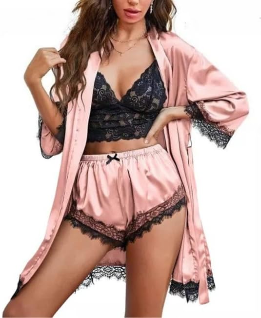 Womens 4 Piece Satin Lace Pajama Set Silky Robe Cami Top Shorts Panty Elegant Sleepwear Lingerie for Nightwear and Loungewear