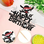 Ninja Happy Birthday Cake Topper - Black Glitter Martial Arts Karate Kung Fu Warriors Cake Pick for Theme Baby Shower Kids Birthday Party Decorations Supplies (1 PCS)