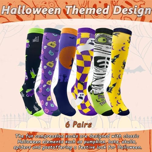 Charunee 6 Pairs Halloween Christmas Compression Socks for Women & Men for Running, Traveling, Nurse, Holiday Wear