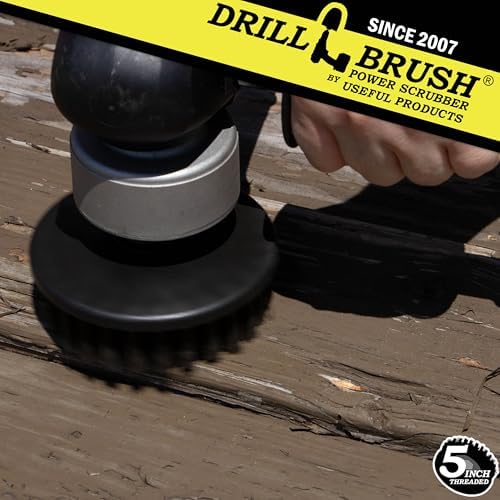 Industrial 5-Inch Threaded 5/16x24 Ultra Stiff Drill Scrub Brush - Dual Action Polisher - Electric Power Drill Brush Attachment - Contractor Cleaning Supplies - Electric Spin Scrubber for Oil Stains