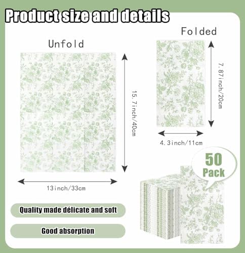 SietDESEO 50 Pieces 3-ply Sage Green Floral Napkins Disposable 13 x 15.7 Inches Guest Bathroom Napkins Disposable Hand Towels for Bathroom Wedding Birthday Party Paper Dinner Napkins
