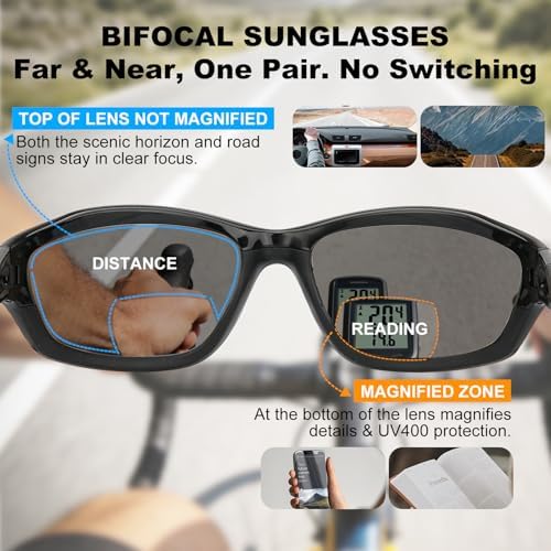 Missfive 2-Pack Mens Go-To Bifocal Sunglasses with Readers Built In, Resilient Temple Comfort-Fit Sport Wrap Around Frame & UV400 Protection, Driving & Reading Glasses for Outdoor +2.5