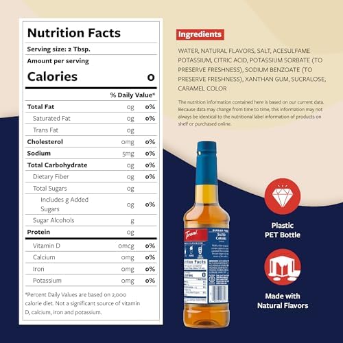 Torani Sugar Free Coffee Syrup, Salted Caramel Flavored Syrup for Drinks, Zero Calorie, Pump Included, 25.4 Fl Oz
