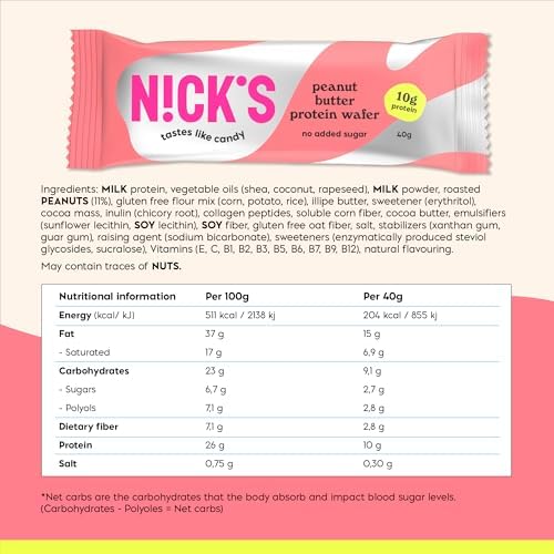 NICKS Protein Wafer Bar Peanut Butter | 25% Protein (10g) 204 Calories | Low Carb Biscuits Snack Bar No Added Sugar Gluten free (24 bars x 40g)