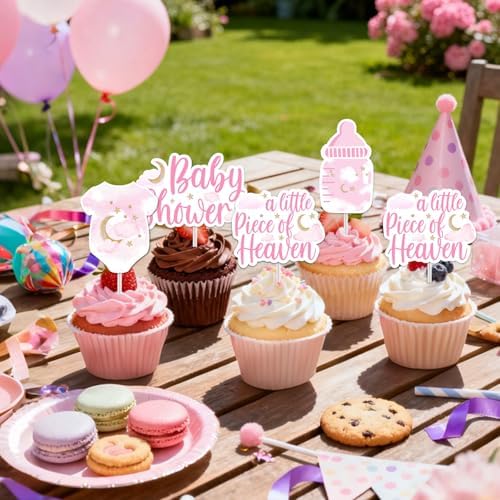 36Pcs A Little Piece of Heaven Cupcake Toppers, Pink Clouds Bodysuit Cupcake Picks Welcome Baby Cake Decorations for Girls Baby Shower Pregnancy Announcement Supplies
