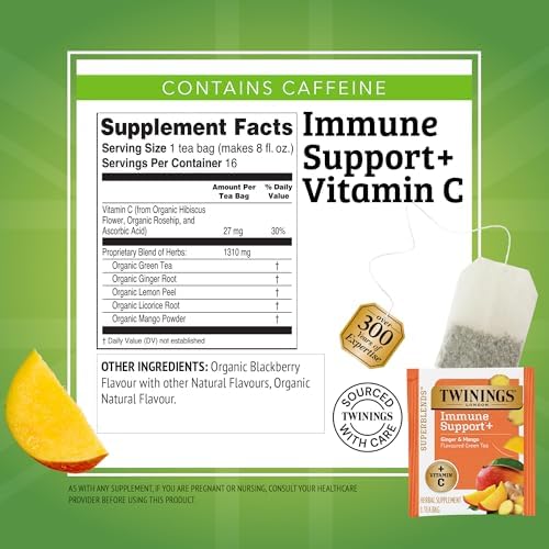 Twinings Superblends Immune Support+ Herbal Tea with Vitamin C, Ginger & Mango Flavoured Green Tea, 16 Tea Bags (Pack of 1), Enjoy Hot or Iced