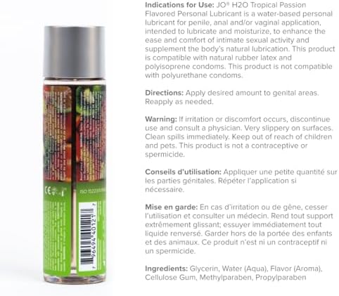 JO H₂O Tropical Passion Flavored Lube – Edible Water Based Personal Lubricant, Sugar Free Tropical Passion – 4 fl oz