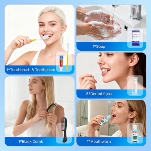 Personal Hygiene Kit Bulk Pack of 50,Yellow Basic Travel Toiletry Set Disposable Toothbrushes with Toothpaste Mouthwash Floss Comb Cover and Zip Bag for Homeless,Charity,Guests