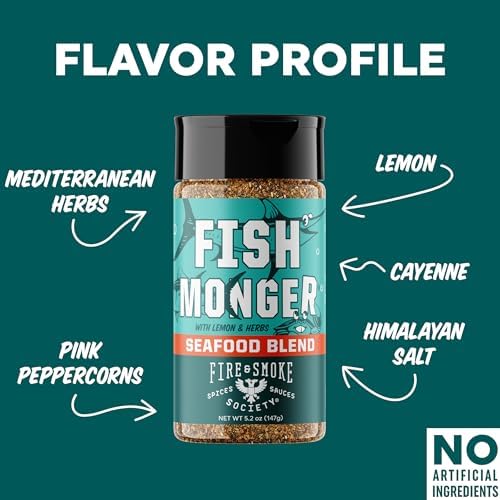 Fire & Smoke Society Fish Monger Seafood Seasoning | Fish Seasoning for Snapper, Swordfish, Tuna, Catfish, Salmon | Himalayan Pink Salt, Garlic, Aromatic Herbs, Lemon and Orange Peel | M 5.2 oz